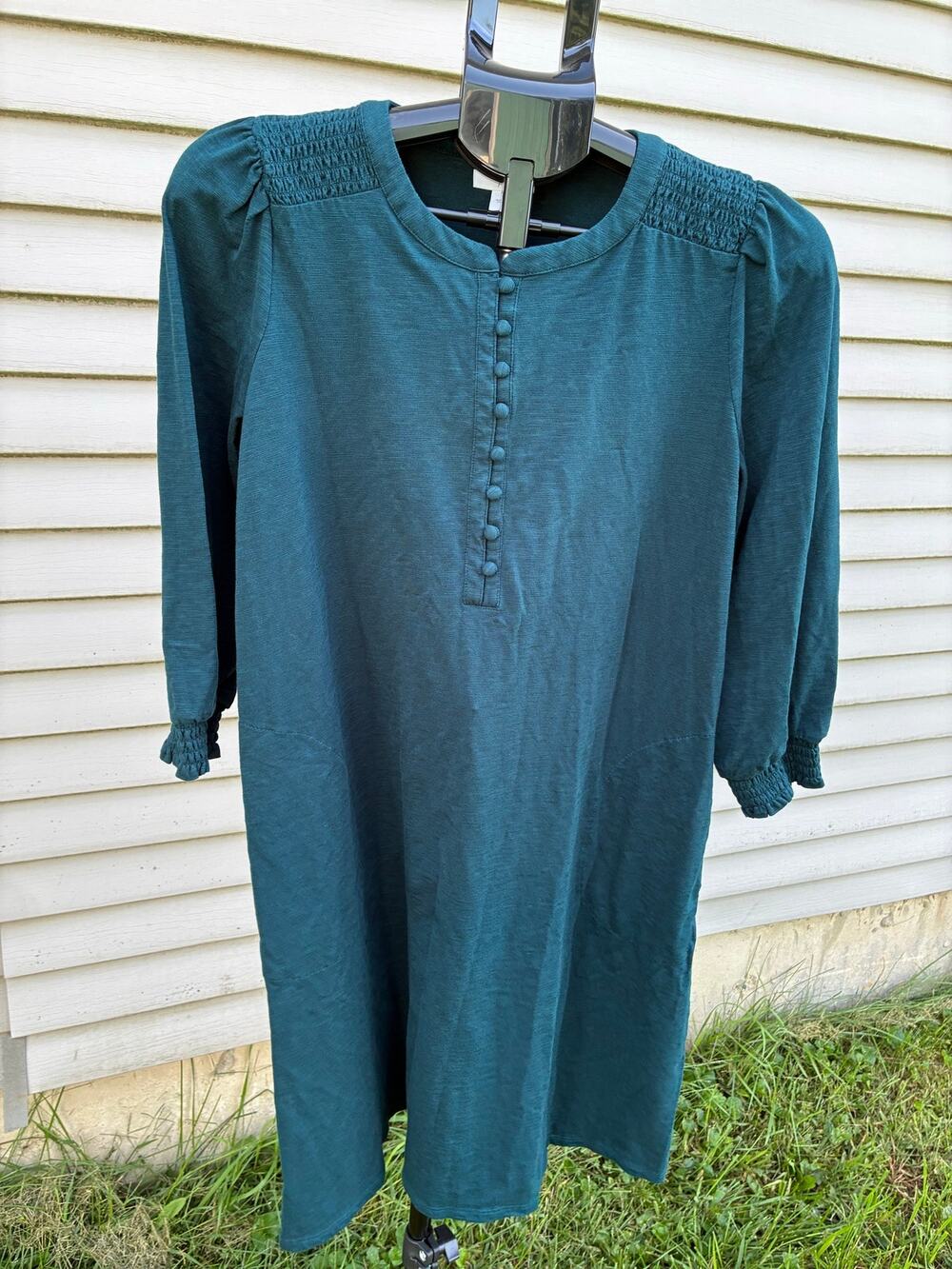 J Jill Pure Jill Smocked Henley Tunic Dress Dark Teal Size Small
